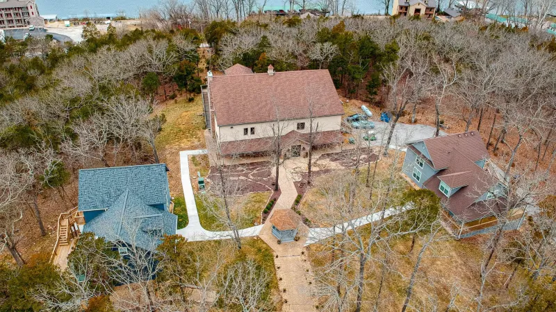 Overhead aerial view of Camp Barnabas cabins in winter